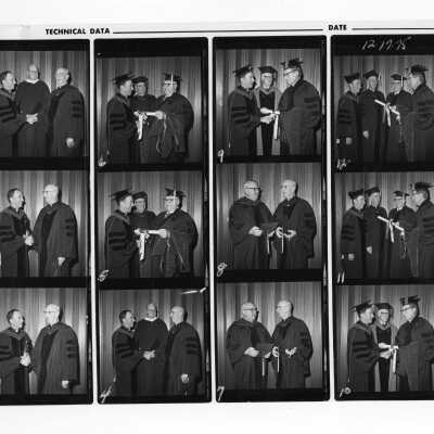 Views of academic convocation held December 17, 1975 in Bluett Theater to announce the new location of the Comey Institute of Industrial Relations on Saint Joseph's College campus in Overbrook. Terrence Toland, S.J, Dennis Comey, S.J. and others