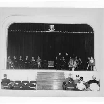Shaffrey award ceremony for Dr. J. Parsons Schaeffer in Flanigan auditorium, 1959.
