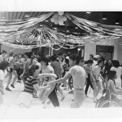 Students dancing at a dance-a- thon? for a charitable event.