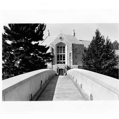 View of McShain Hall from pedestrian bridge without guard rails.