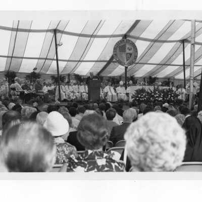 Mass held July 31, 1976, on Gest Lawn prior to academic convocation during SJC 125th anniversary celebration.