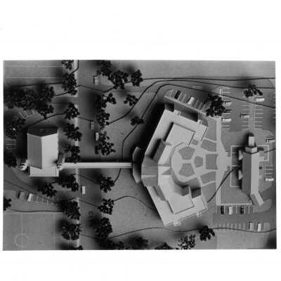 Aerial view of model of McShain Hall and pedestrian bridge.