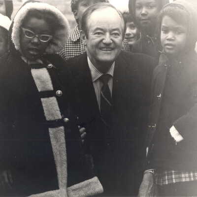 Vice President Hubert Humphrey posing with small children from neighboring elementary school during visit to SJC campus, January 27, 1970.