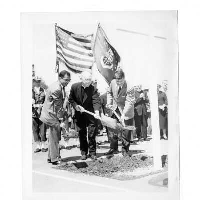 Bellarmine groundbreaking with Carlos Alvare, J. Joseph Bluett, and William Harkins [Harkins and Alvare, Architects of Bellarmine]