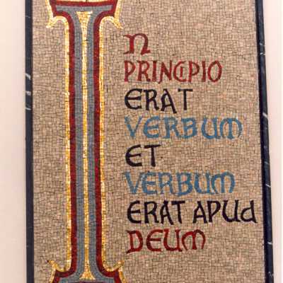 Mosaic in Drexel Library with words, "In Principio erat Verbum et Verbum erat apud Deum."