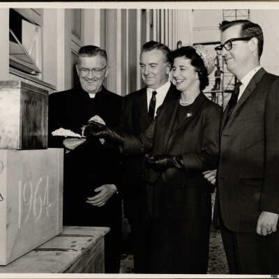 Villiger (later Post) Academy of Food Marketing dedication and laying of cornerstone with William F. Maloney, S.J., Herbert Sugden, and Mrs. Orville Freeman, and James J. O'Connor, November 1964.