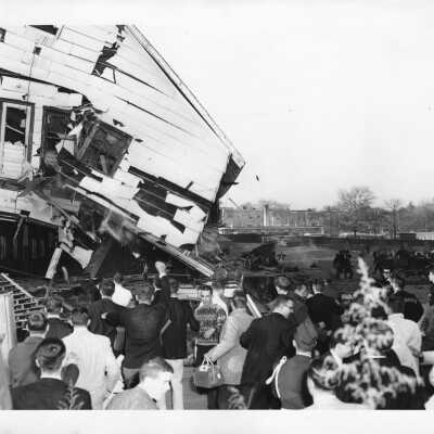 Students at demolition of Cardboard College also known as Barbelin Annex.
