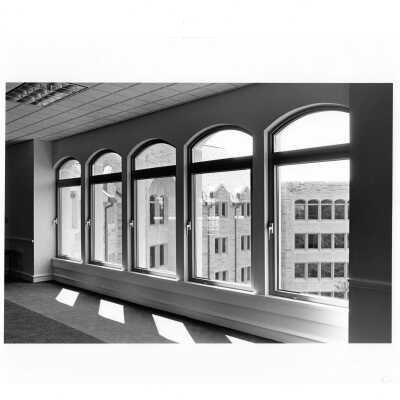 View of McShain Hall through windows in Haub Executive Center.
