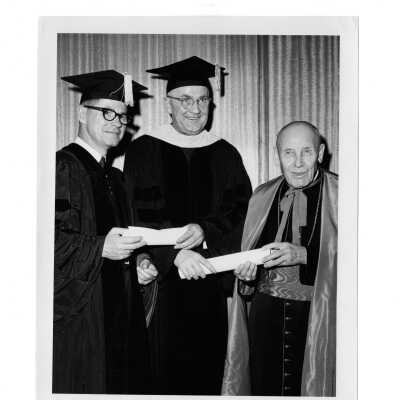 Convocation and dedication of Villiger (later Post) Academy of Food Marketing with William F. Maloney, S.J., Augustin Cardinal Bea, and Secretary of Agriculture Orville F. Freeman receiving honorary degrees.