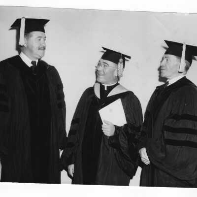 Honorary degree recipient, Thomas F. Murphy, with John J. Long, S.J., and Judge McGranery ? during 1950 graduation/commencement ceremony.