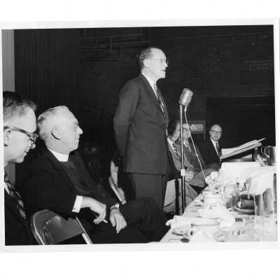 Thomas D. McBride, Attorney General of Pennsylvania, delivering address at alumni communion breakfast, October 27, 1957.