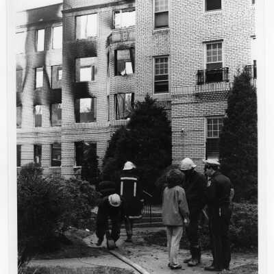 Exterior view of Lincoln Court Apartments after fire.