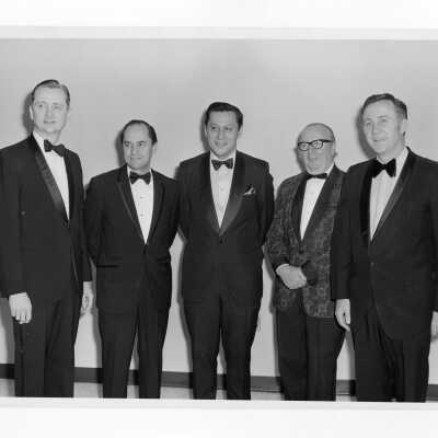 Medical alumni officers at Shaffrey award reception, including Joseph Donnelly, Ronald Bernardin, Raymond Jason, Edward Kelly, and Louis Keeler, April 22, 1972. Award recipient, Dr. Max Levin, not shown in photograph.