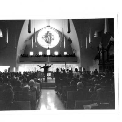 Dedication of Chapel of Saint Joseph, interior view of people in attendance.