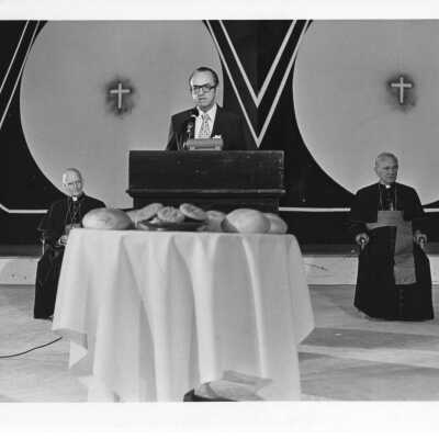 Dr. Thomas Melady giving address at International Eucharistic Congress, symposium on hunger, August 2, 1976, held at Philadelphia Civic Center.