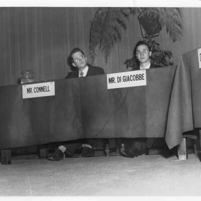 Two students, Milton Connell and Filindo DiGiacobbe, participating in Horatian Actus (Odes of Horace) during centennial celebration. Event held on October 26, 1951.