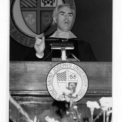 Honorary degree recipient, Robert P. Casey, addressing graduates during 1989 graduation/commencement at Convention Hall, Philadelphia Civic Center.