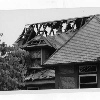 Exterior view of roof of Simpson Hall after fire.
