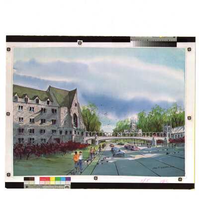 Architect's sketch ofd McShain Hall and pedestrian bridge by John Sabatino architect.
