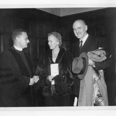 Edward G. Jacklin, S.J., with honorary degree recipient, William Balderston (president of Philco Corporation) and wife, after academic convocation, October 28, 1951, as part of centennial celebration.