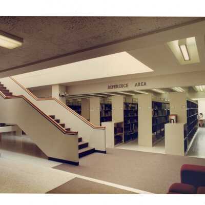View of reference area on first floor steps to second floor of Drexel Library.