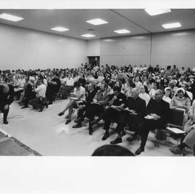 View of audience at International Eucharistic Congress, symposium on hunger, August 2, 1976, held at Philadelphia Civic Center.