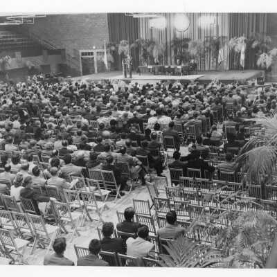 Labor symposium on industrial relations held October 26, 1951 in Flanigan Auditorium during centennial celebration.