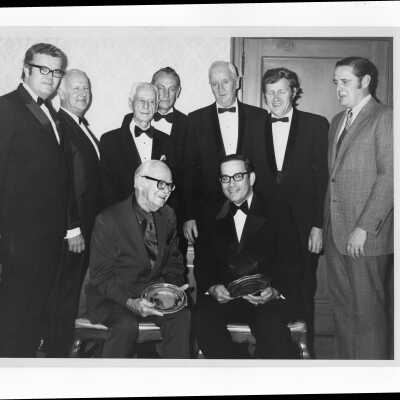 Law alumni awards (Nunc Pro Tunc and Crim-Gray) given to Joseph Nardi, Jr., and Jerry Doyle, with others watching, November 16, 1971.