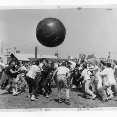 Students participating in Juniors versus Seniors pushball contest during Junior Week.