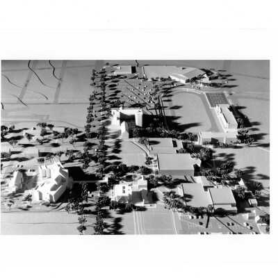 Architects' model of campus showing proposed Chapel of Saint Joseph.