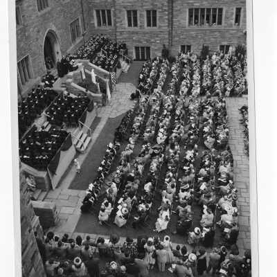 View of 1948 graduation/commencement ceremony in Barbelin quadrangle.