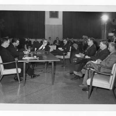 View of individuals listening to Msgr. George Higgins, Rabbi Marc Tanenbaum First Annual Institute on Catholic-Jewish relations, March 5-6, 1967 in Campion Hall.