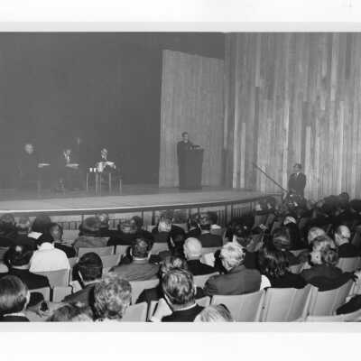 View of Third Institute on Catholic-Jewish Relations., with Cardinal John Krol, Rabbi Marc Tanenbaum, and others in Bluett Theatre, March 2, 1971.