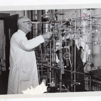 Chemistry professor, Joseph Bartlett, and student working in laboratory, c. 1965.