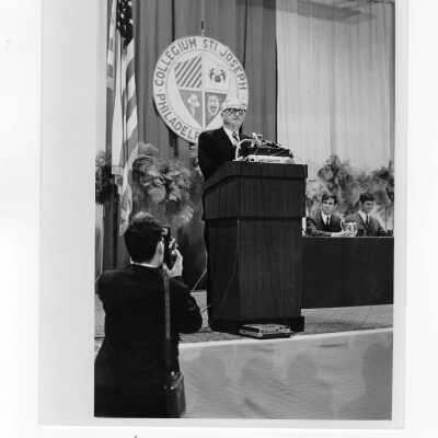 Senator Barry Goldwater delivering speech at Saint Joseph's College, February 8, 1968.