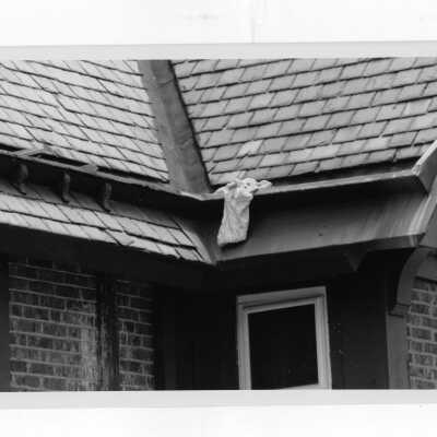 Exterior view of roof of Simpson Hall after fire.