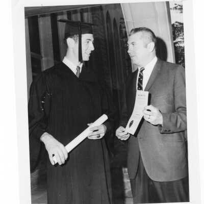 Graduating student with his alumnus father, William A. Conway, Jr., and William A. Conway (class of 1943) during 1968 graduation/commencement.