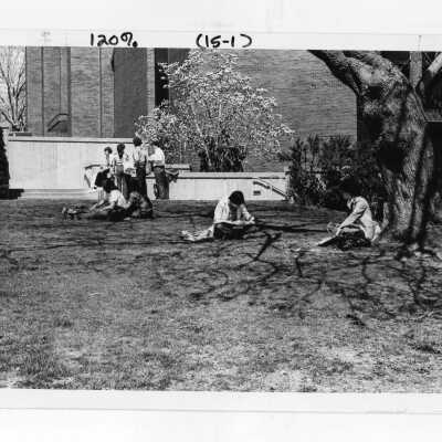 Students sitting on lawn and wall outside science center in spring.