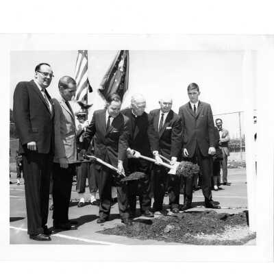 Bellarmine groundbreaking with Frank Lalley (class 1931), Robert Lalley (class 1959), Robert Cranage (class 1938), J. Joseph Bluett, S.J., Hugh B. Flanagan, DDS, (class 1915), and Paul Flanigan (class 1959)