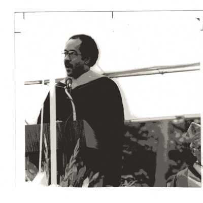 Honorary degree recipient U.S. Representative William H. Gray III addressing graduates during 1980 graduation/commencement.