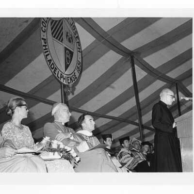 Superior General Pedro Arrupe, S.J., delivering address to academic convocation held on Gest Lawn, July 31, 1976, as part of SJC 125th anniversary celebration.