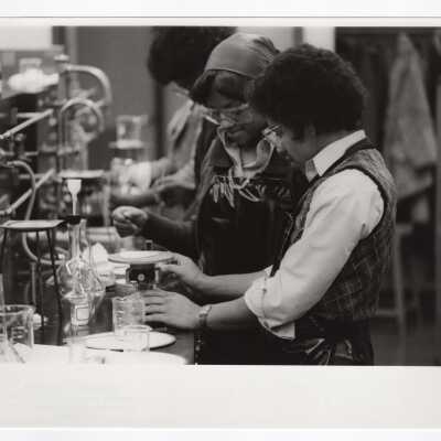 Several high school students working in laboratory as part of Chemistry Department's Science Motivation Program, c. 1972.