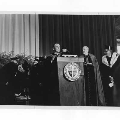 Inauguration of President Terrence Toland, S.J., November 14, 1968. Father Toland is preparing to give his inaugural address.
