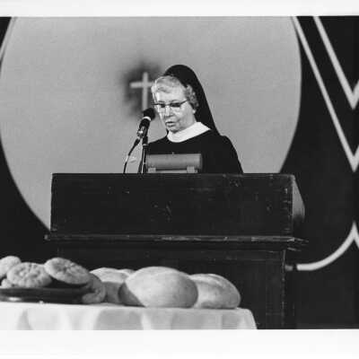 Sister Alice Anita giving address at International Eucharistic Congress, symposium on hunger, August 2, 1976, held at Philadelphia Civic Center.