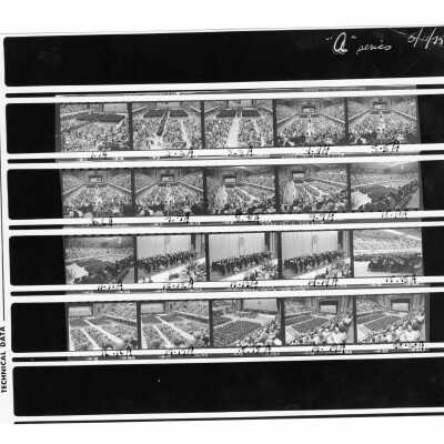 Views of 1975 graduation/commencement in Philadelphia Civic/Convention Center. Some individuals include: Francis R. Olley, John P. Mullen, Edward Sutula, Vincent G. Ryan, Robert F. Drinan, S.J., Philip J. Scharper