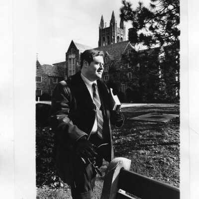 Michael Mallowe (class of 1973, editorial staff of Philadelphia Magazine?), c. 1980, with Barbelin Hall in background.