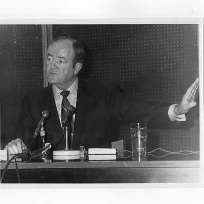 Vice President Hubert Humphrey seated at table speaking during his visit to SJC campus, January 27, 1970.