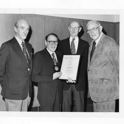 Dr. William F. Kellow, Shaffrey award recipient, with past winners of Shaffrey award including, Hugh Grady (1955 recipient), Hobart Reimann, and John McCormick, April 23, 1978.