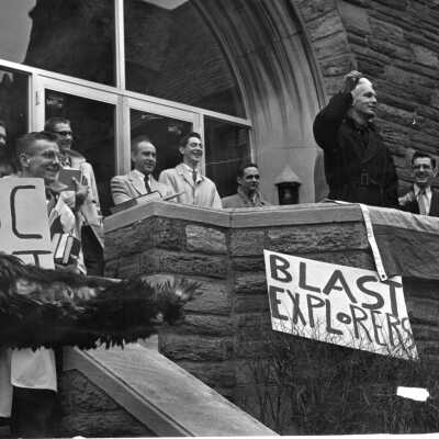 Students, Hawk mascot, Francis Emory, S.J. at blast explorers pep rally.