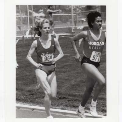 Women's track team member, Sioban Flynn? Competing at meet, 1992.